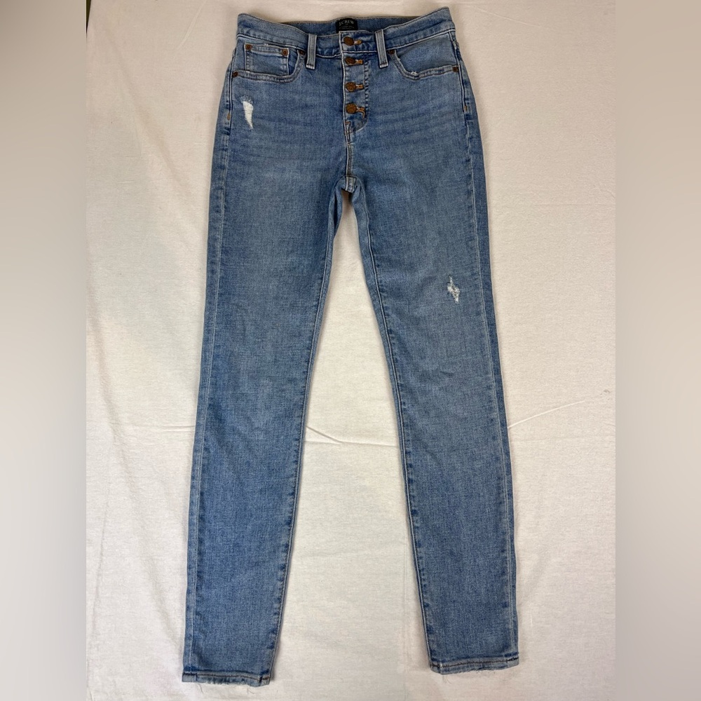 J Crew 10” High Rise Skinny Women’s Size 26 Button Front Distressed Jeans